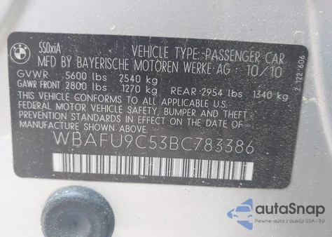 2011 BMW 550I xDrive z USA, uszkodzony, nr VIN WBAFU9C53BC783386